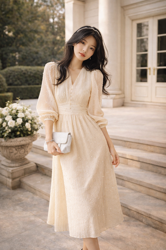 Puff Sleeve Midi Dress for Women – Elegant Apricot Sequin Wedding Guest Dress