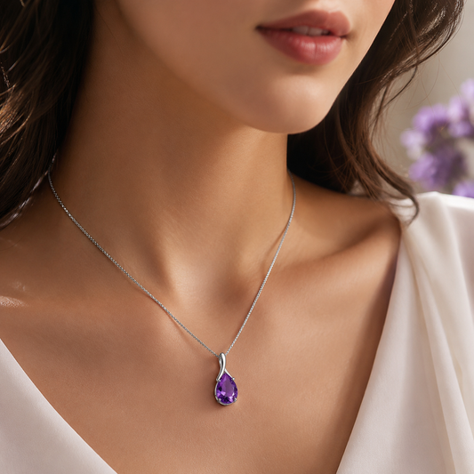 Amethyst Teardrop Necklace in 925 Sterling Silver for Women
