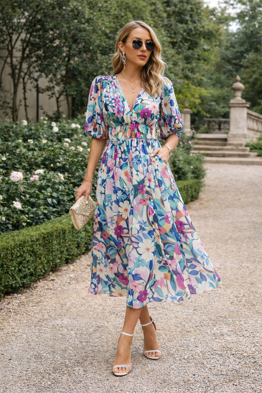 Elegant V-Neck Floral Waist-Control Dress – Slim Fit Temperament Midi Dress