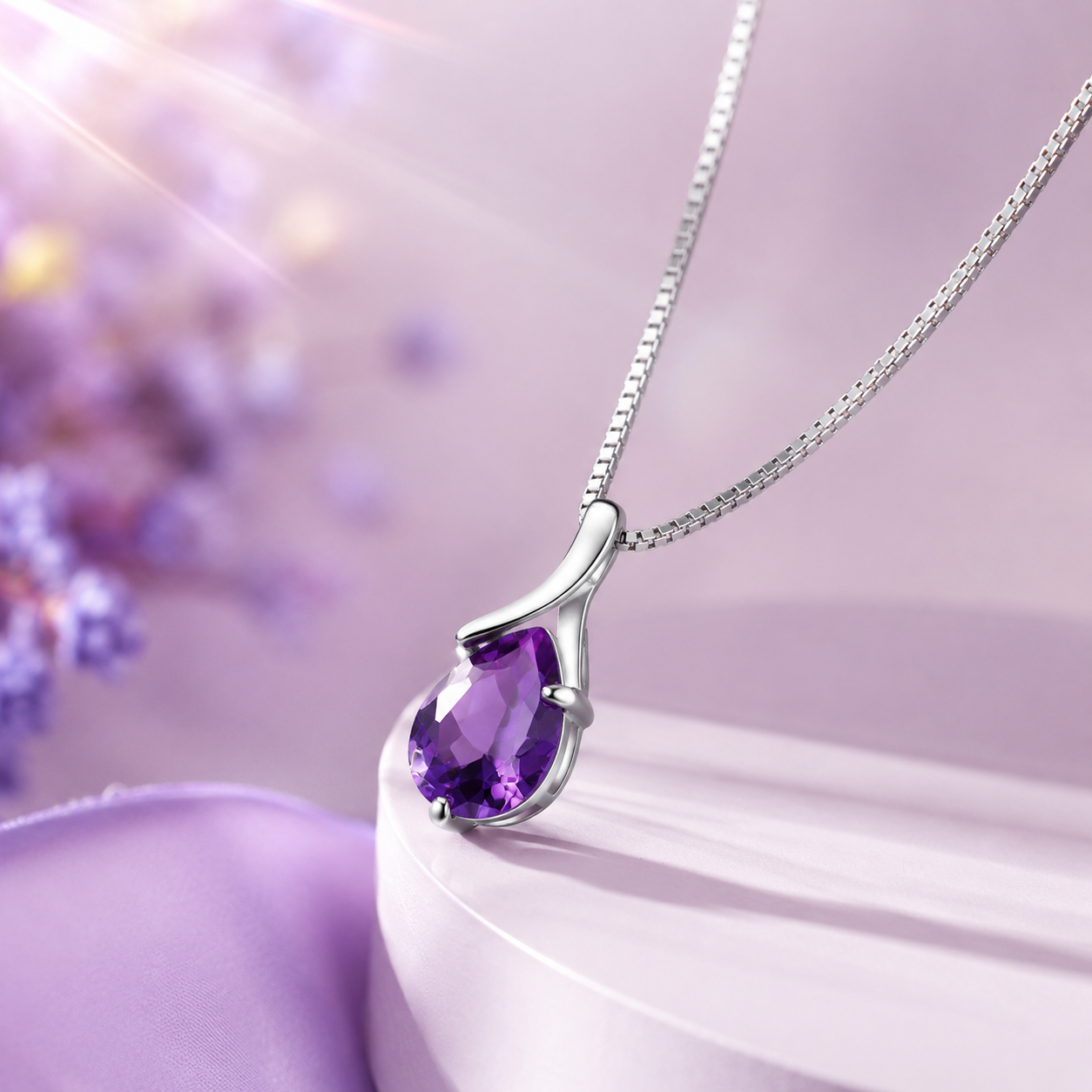 Amethyst Teardrop Necklace in 925 Sterling Silver for Women