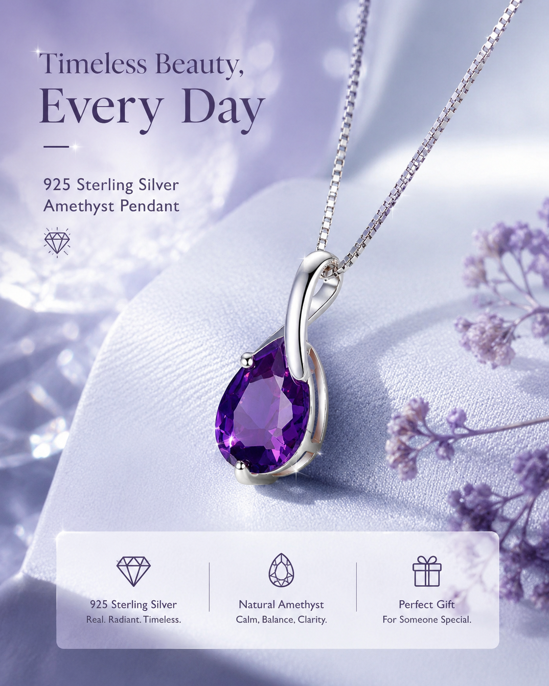 Amethyst Teardrop Necklace in 925 Sterling Silver for Women