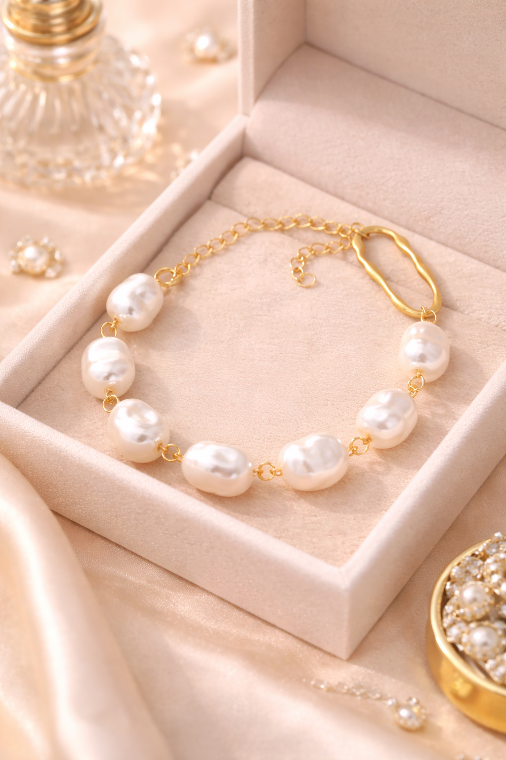 Baroque Pearl Bracelet Gold – Irregular Freshwater Pearl Chain Bracelet for Women, Elegant Minimalist Jewelry Gift