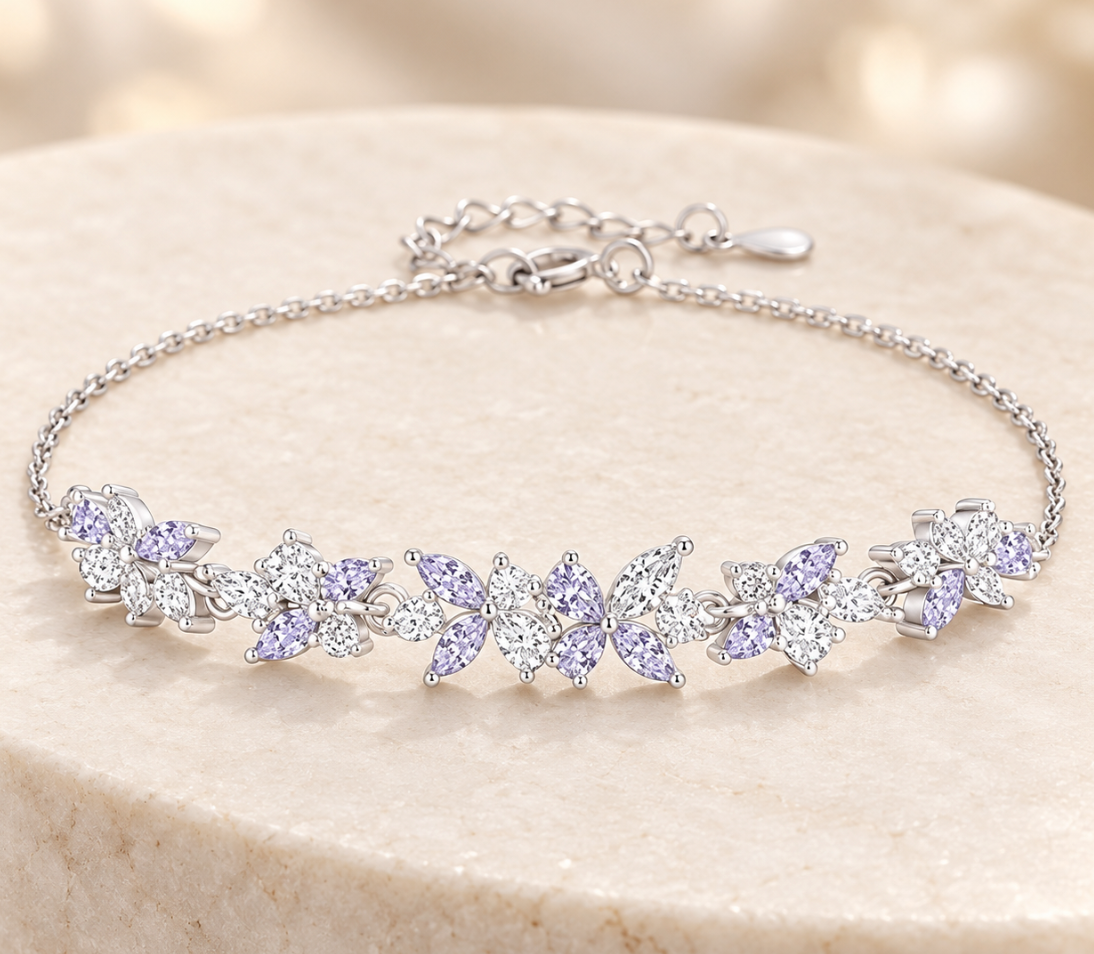 Purple Wisteria Floral Crystal Bracelet