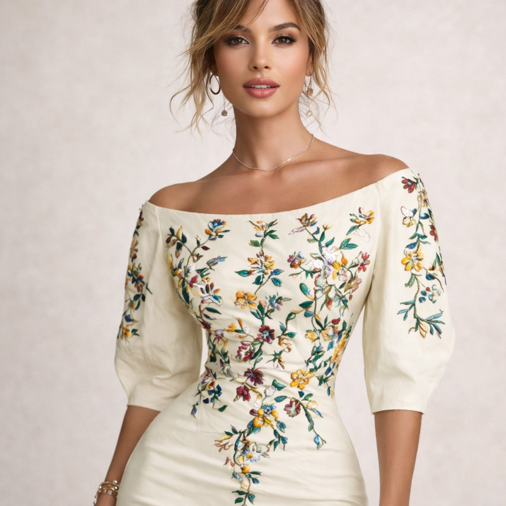 Elegant Off-Shoulder Floral Midi Dress – Slim Fit Summer Bodycon Dress
