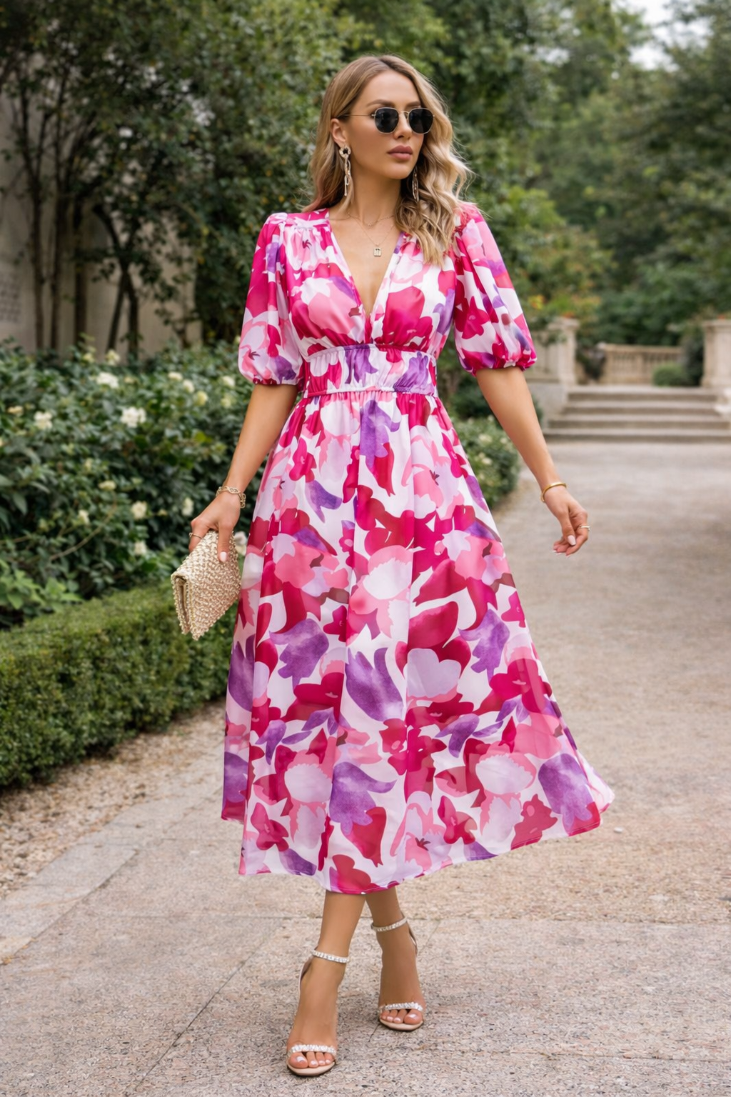 Elegant V-Neck Floral Waist-Control Dress – Slim Fit Temperament Midi Dress