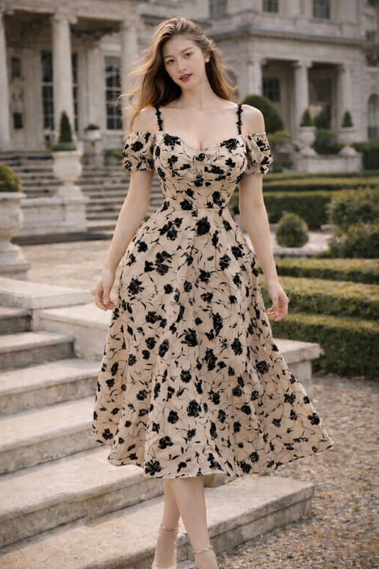 Floral Off-Shoulder A-Line Midi Dress – Elegant Summer Dress for Women