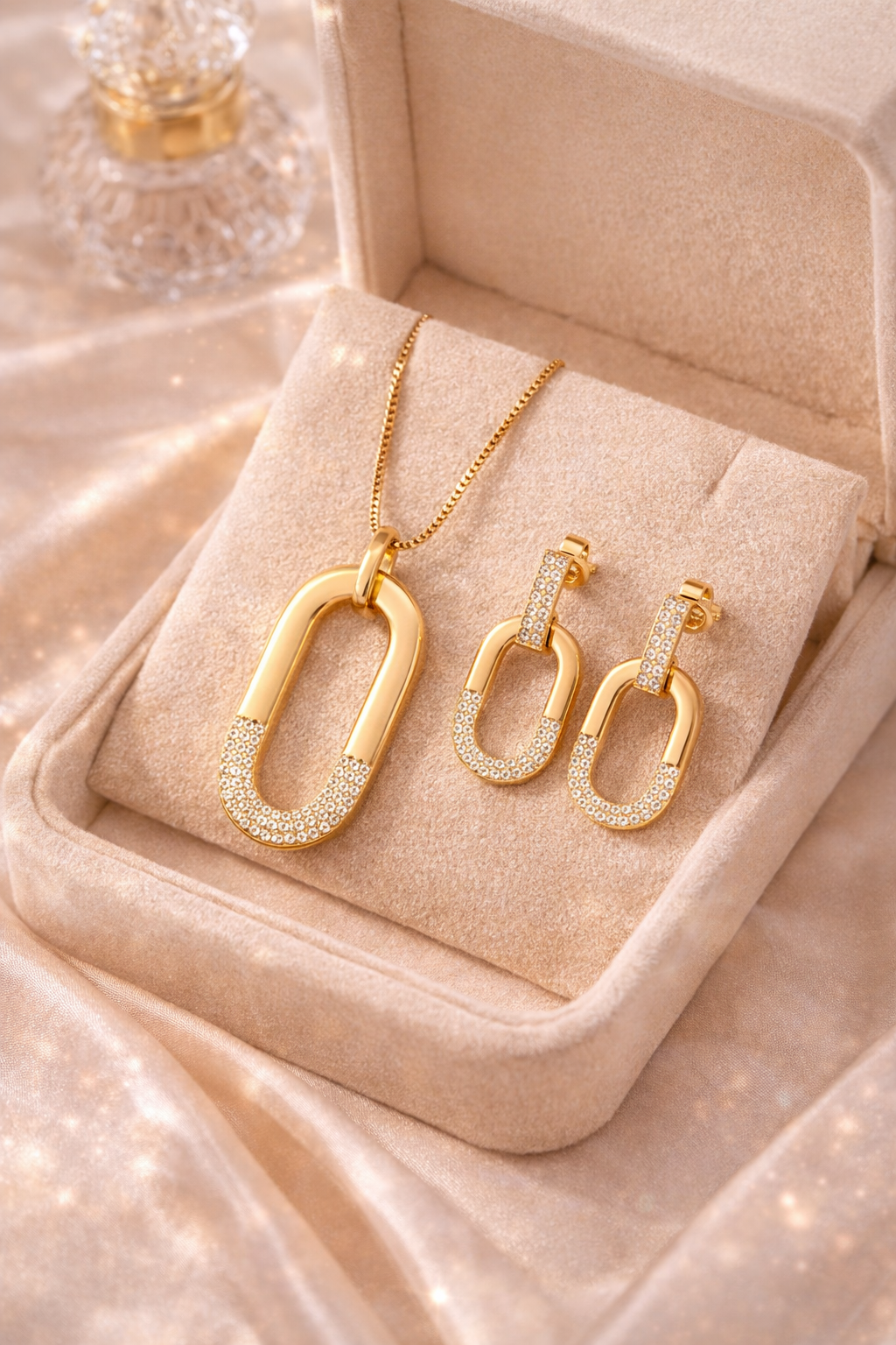 Gold Plated Oval Zircon Necklace & Earrings Set – Elegant Women’s Jewelry