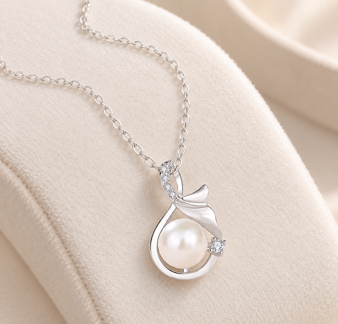 925 Sterling Silver Pearl Mermaid Tail Necklace