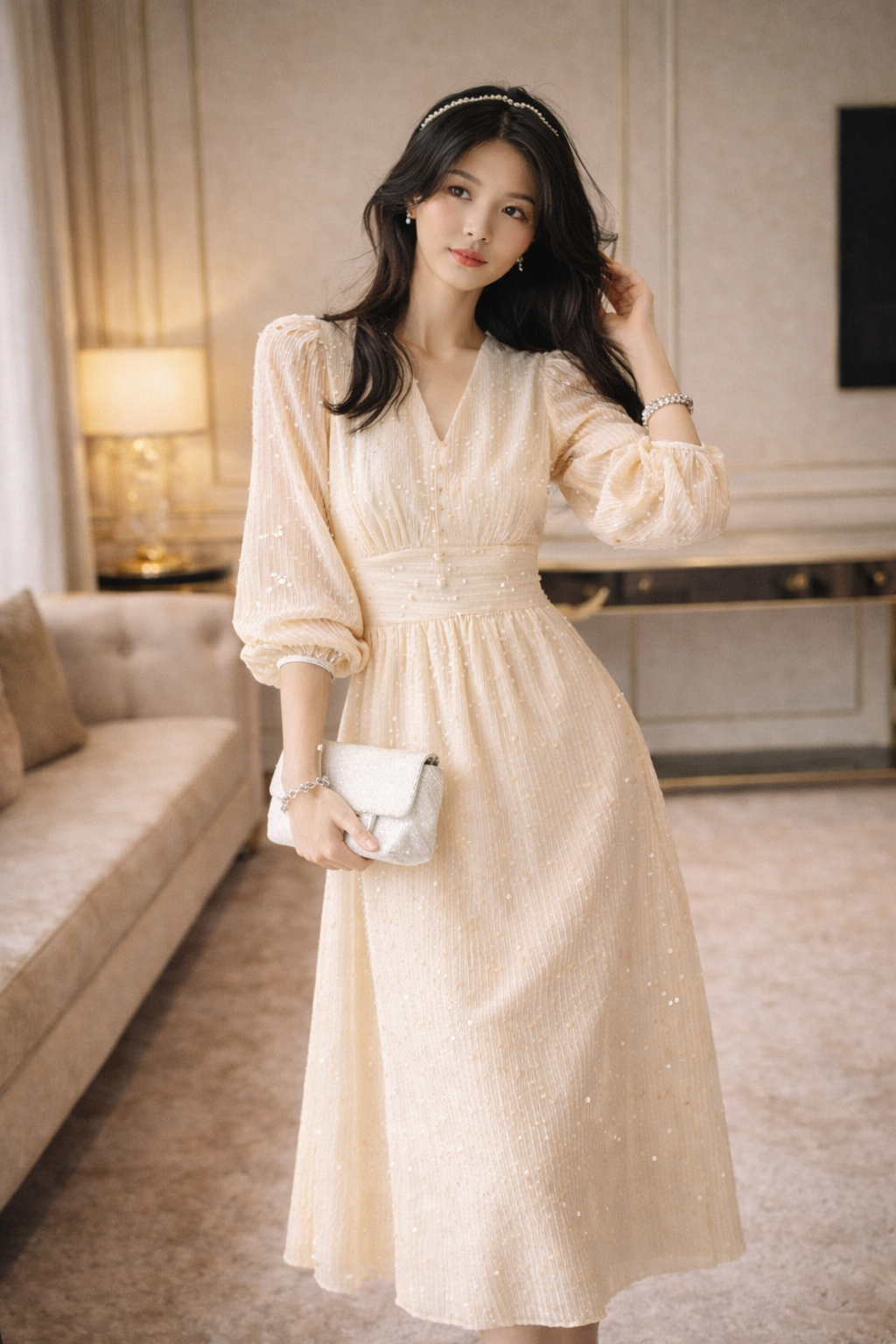 Puff Sleeve Midi Dress for Women – Elegant Apricot Sequin Wedding Guest Dress