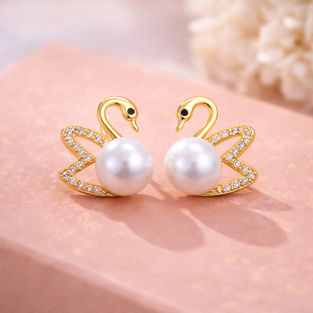 S925 Swan Pearl Earrings – Freshwater Pearl Stud Earrings for Women (Gold, Rose Gold, Silver)