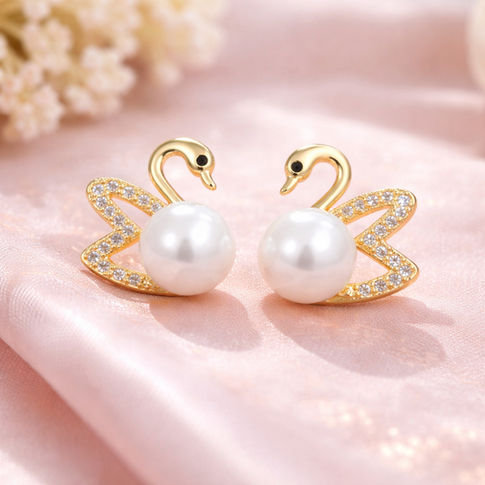 S925 Swan Pearl Earrings – Freshwater Pearl Stud Earrings for Women (Gold, Rose Gold, Silver)