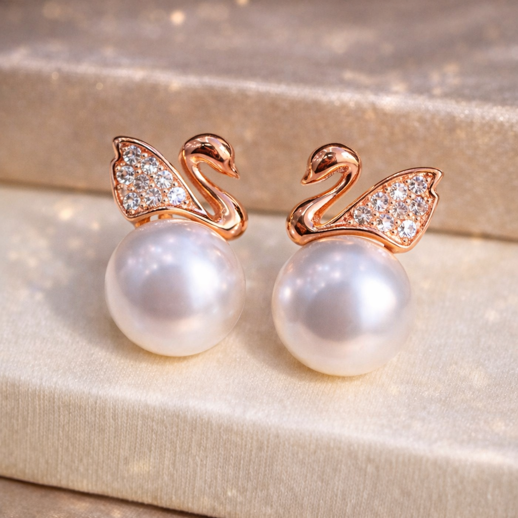 S925 Swan Pearl Earrings – Freshwater Pearl Stud Earrings for Women (Gold, Rose Gold, Silver)