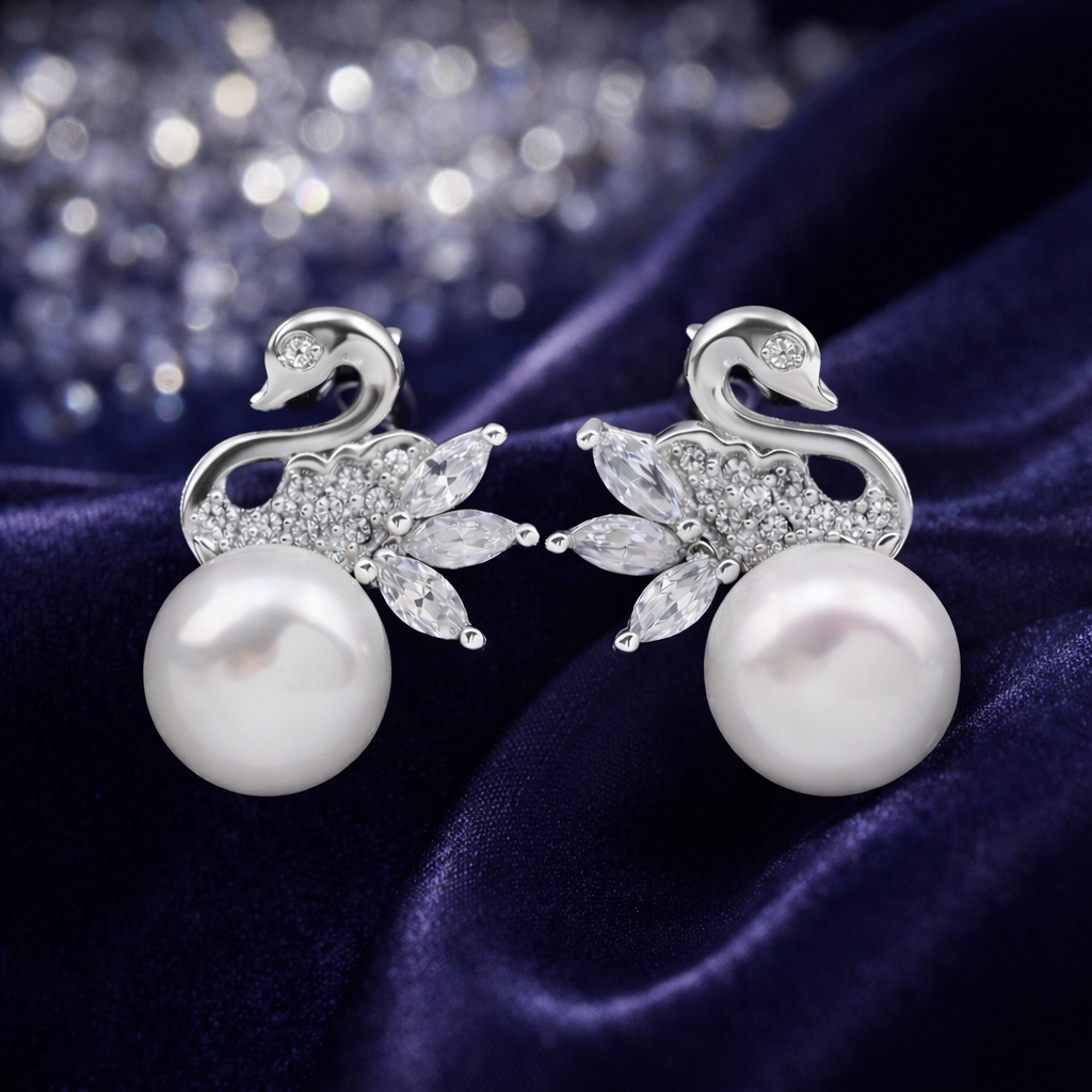 S925 Swan Pearl Earrings – Freshwater Pearl Stud Earrings for Women (Gold, Rose Gold, Silver)