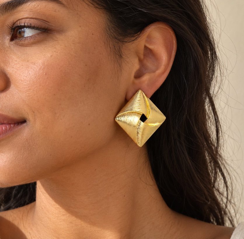 Sculpted Square Gold Statement Stud Earrings