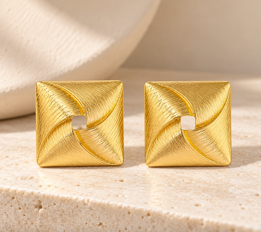 Sculpted Square Gold Statement Stud Earrings