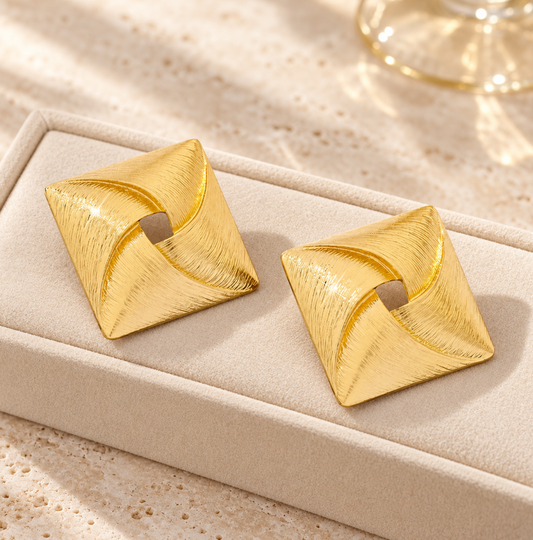 Sculpted Square Gold Statement Stud Earrings