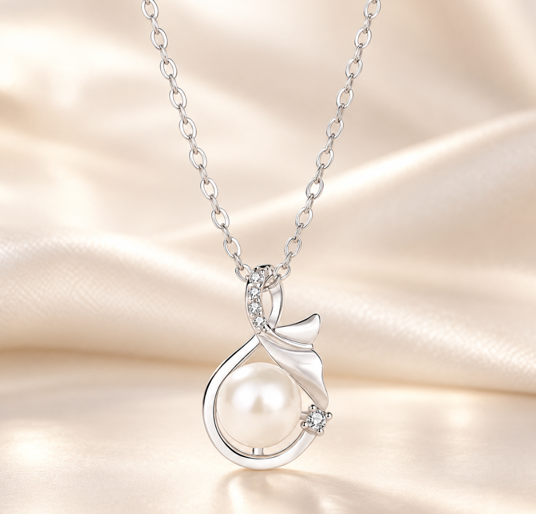 925 Sterling Silver Pearl Mermaid Tail Necklace