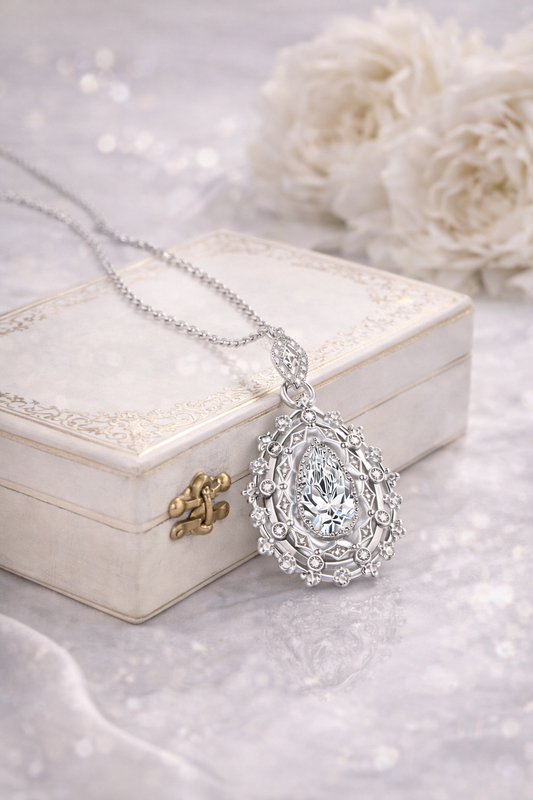 Vintage Teardrop Diamond Necklace – 925 Sterling Silver Luxury Pendant for Women