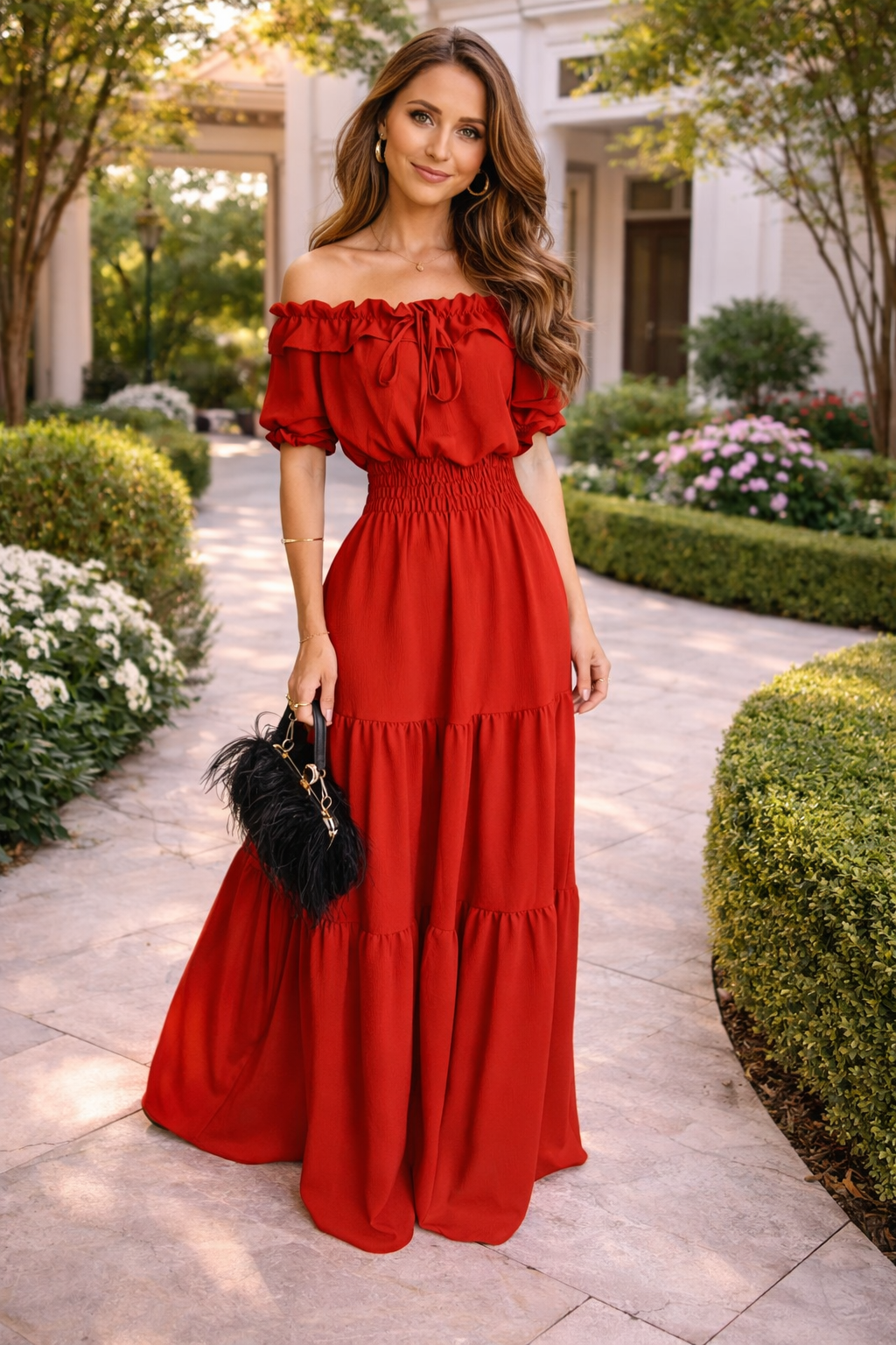 Women’s Elastic Off-Shoulder Maxi Dress – Ruffle Boho Long Summer Dress