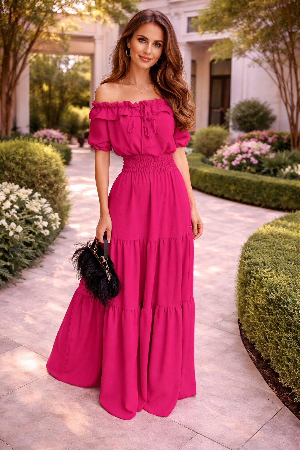 Women’s Elastic Off-Shoulder Maxi Dress – Ruffle Boho Long Summer Dress