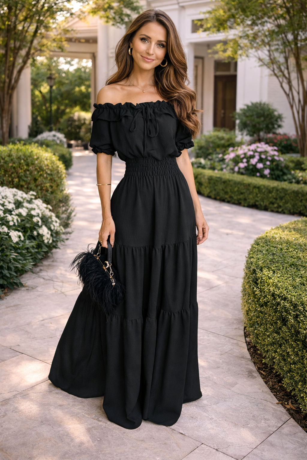 Women’s Elastic Off-Shoulder Maxi Dress – Ruffle Boho Long Summer Dress
