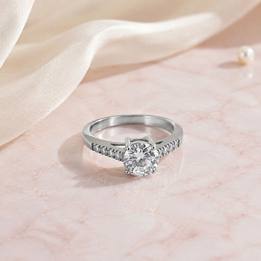 Elegant Silver-Tone Zircon Solitaire Ring